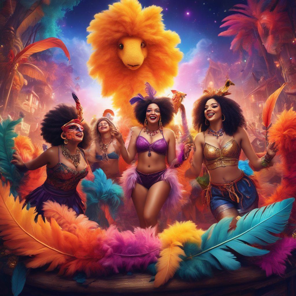 A whimsical scene depicting a diverse group of adults engaged in various playful activities that embody exploration and adventure within adult content communities. Include vibrant colors, abstract representations of different fetishes and fantasies, with elements like feather boas, masquerade masks, and playful props. The background should evoke a sense of excitement and inclusivity, blending fantasy with a safe space ambiance. This scene should feel inviting and adventurous, appealing to curiosity and creativity. vibrant colors. illustration. fantasy art.