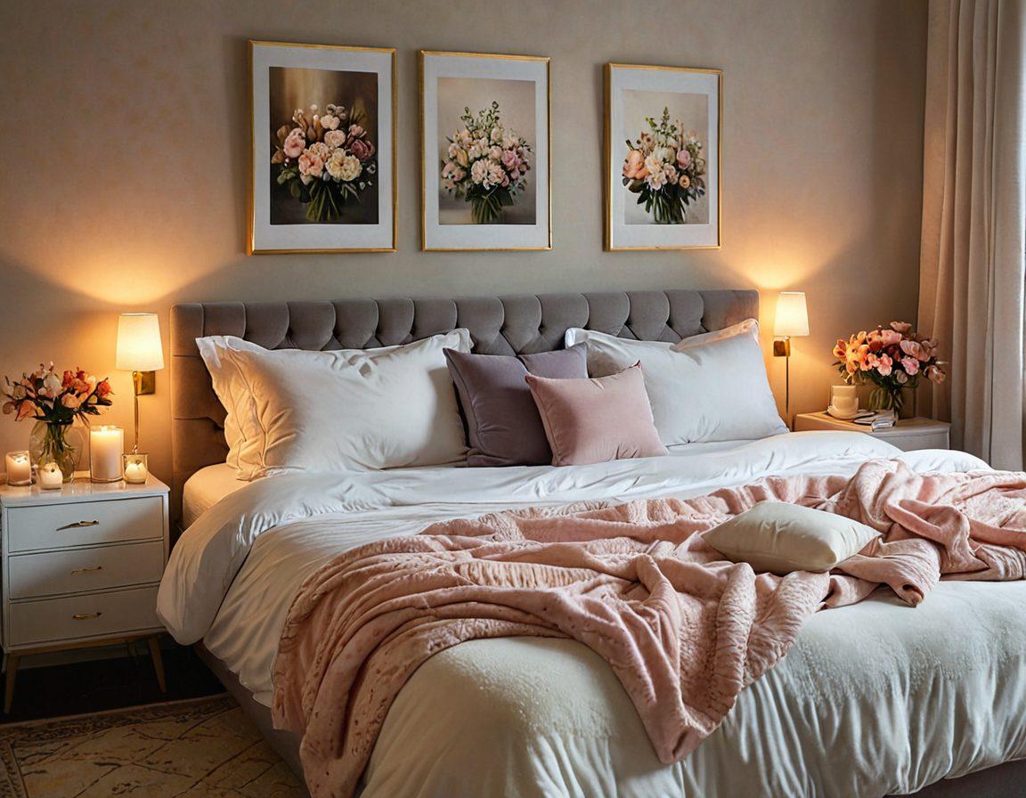 A visually captivating scene depicting a serene bedroom setting with soft lighting, featuring a couple engaging in a relaxing moment, surrounded by tasteful elements representing adult wellness like scented candles and plush fabrics. Incorporate delicate floral arrangements and soft art on the walls to create an inviting atmosphere. The image should convey warmth, intimacy, and tranquility. vibrant colors. super-realistic.